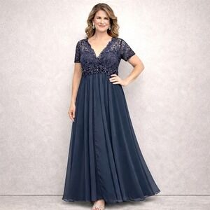 Rickie Freeman Teri Jon Lace Chiffon Dress 14 Blue Evening Gown Wedding Empire